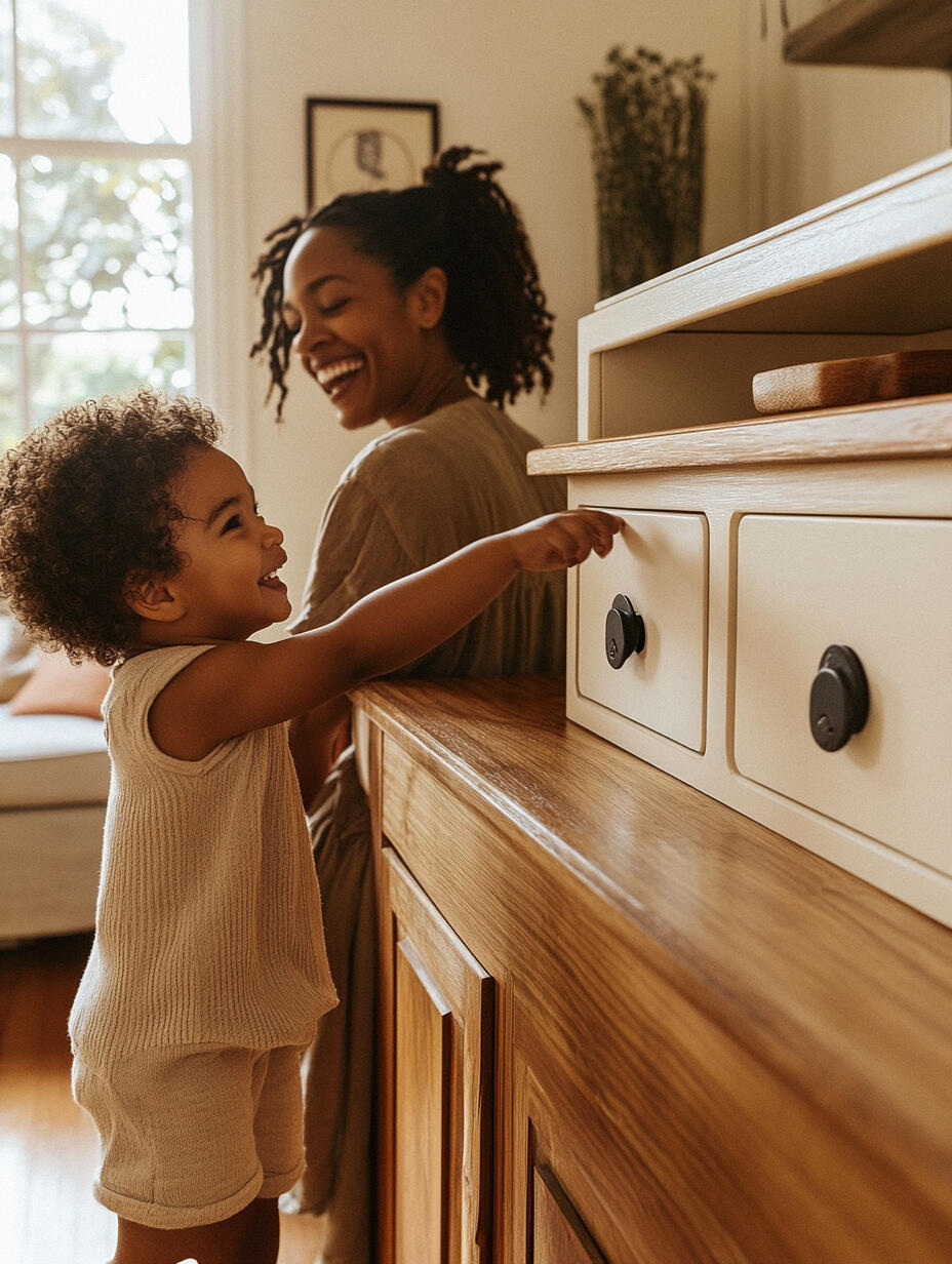 Happy family at home with a baby-proofed kitchen